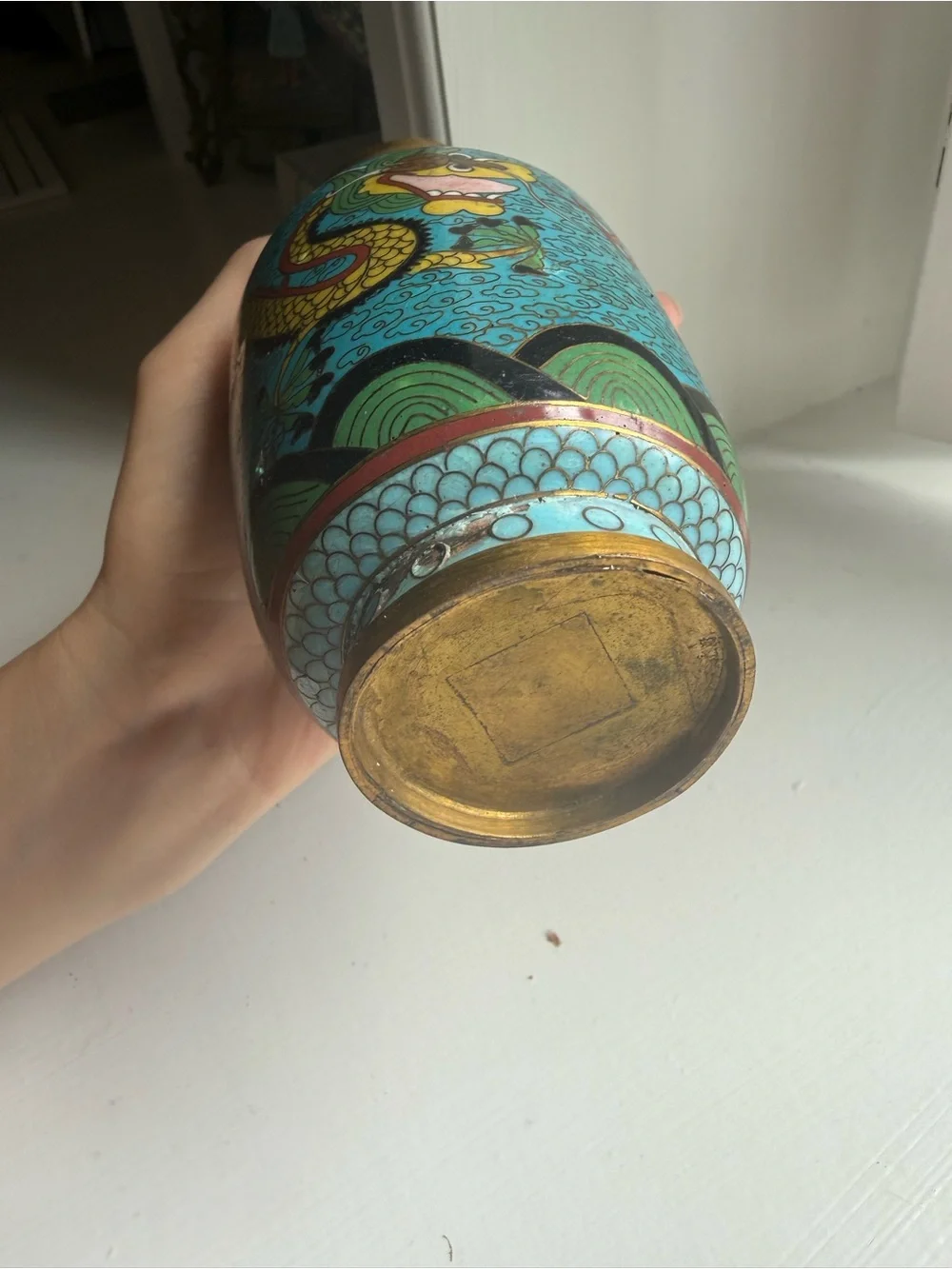 Vintage Turquoise, Yellow and Green Dragon Cloisonné Vase - Picture 5 of 6
